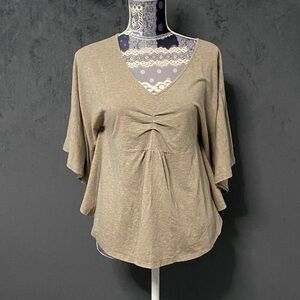 Garnet Hill Shirt Womens L Brown V-neck Circle Round Hem Flutter Sleeves Casual